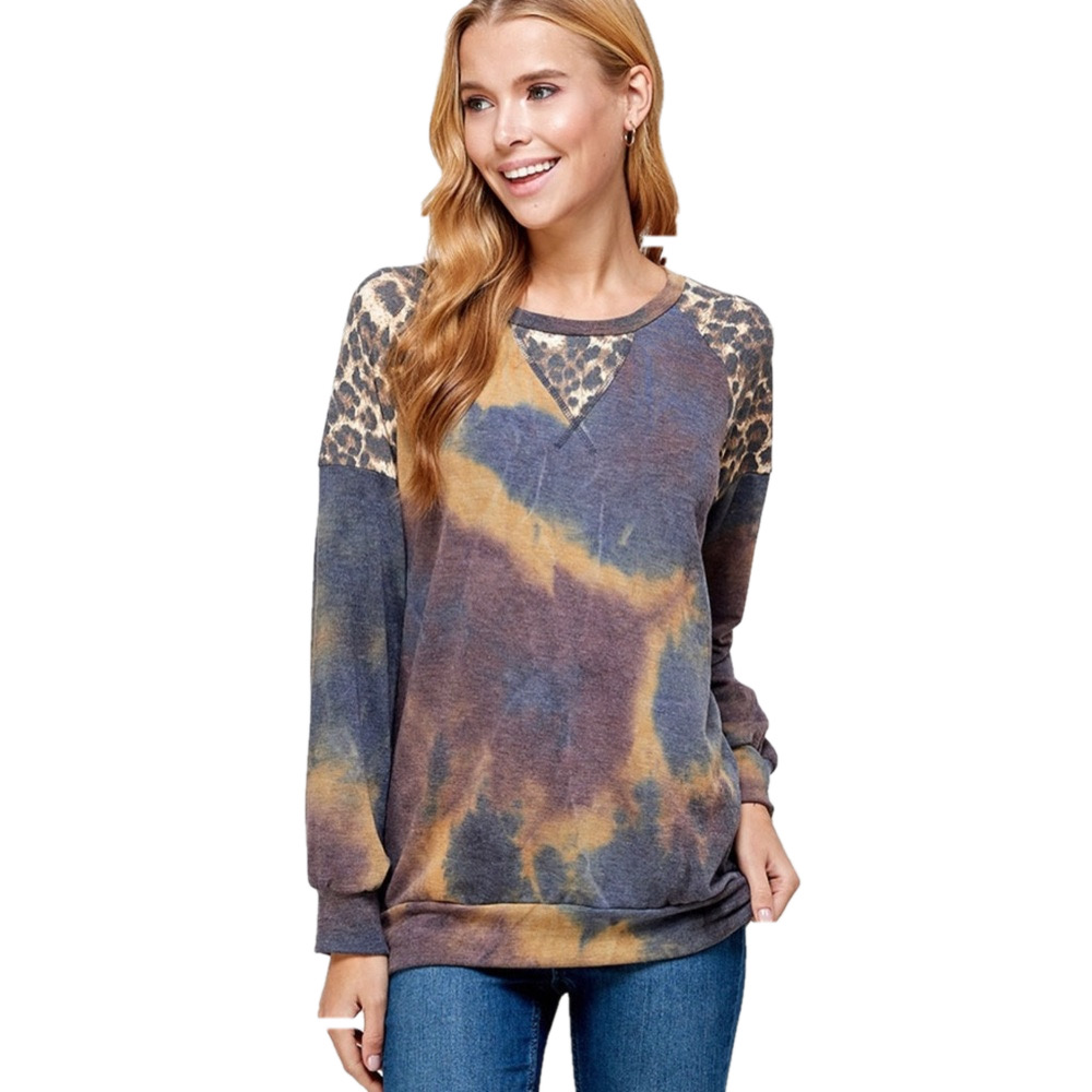 644 ❤️ 1X PLUS SIZE LEOPARD ACCENT TIE DYE KNIT PULLOVER- NAVY WINE